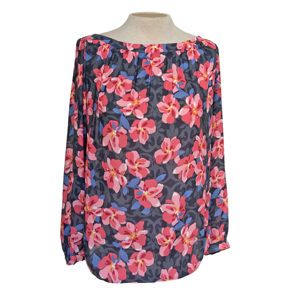 LOFT Gray Pink Floral Blossom Peasant Blouse LP - Picture 2 of 5